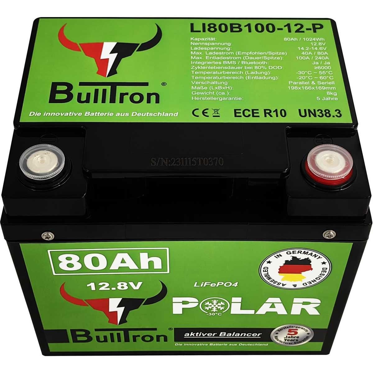 BULLTRON Lithium-Batterie POLAR 80Ah 12V inkl. BMS 100A Dauerstrom - App - LI80B100-12-P